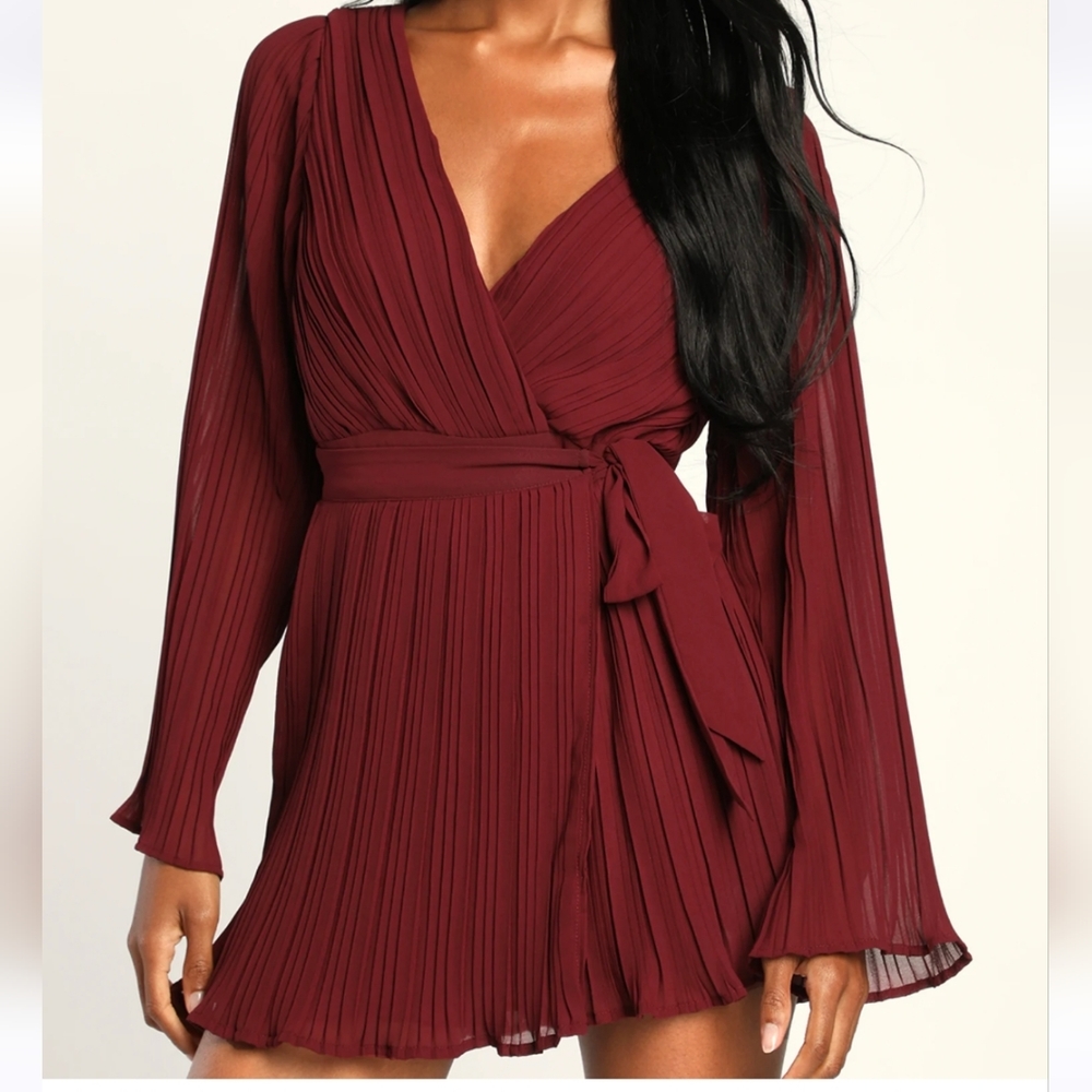 Lulus Embrace Your Beauty Burgundy Pleated Long Sleeve Skort Romper